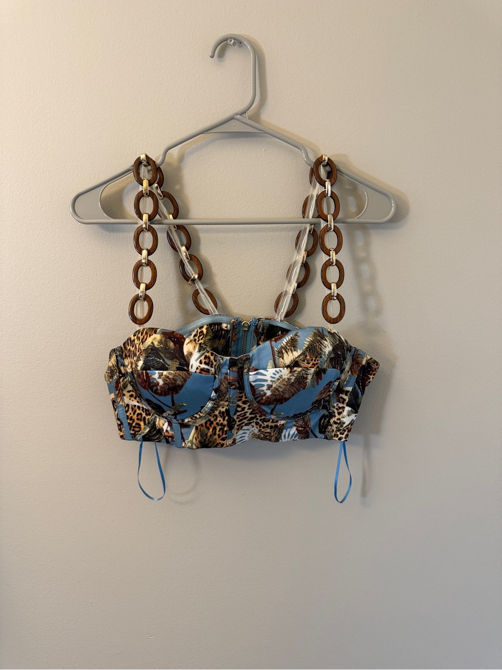 AKIRA Blue Tropical & Leopard Chain-Handle Bustier Top